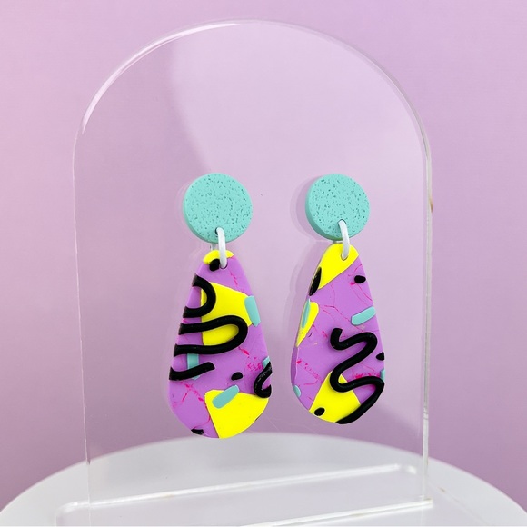 80s Memphis Style Pattern Polymer Clay Dangle Earrings Handmade Funky Re… - Picture 4 of 10